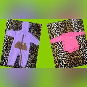 Infants Carhartt Lavender Sherpa Hooded One-Piece and Carhartt Onesie Bundle